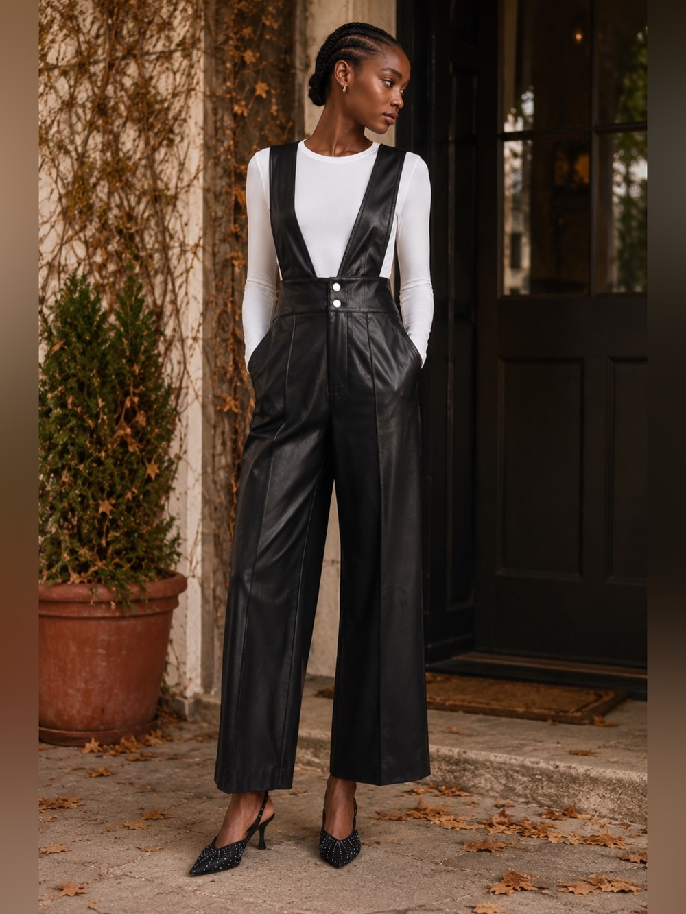 Zara Black Faux Leather Suspender Overall Pants Wide Leg XS NWT